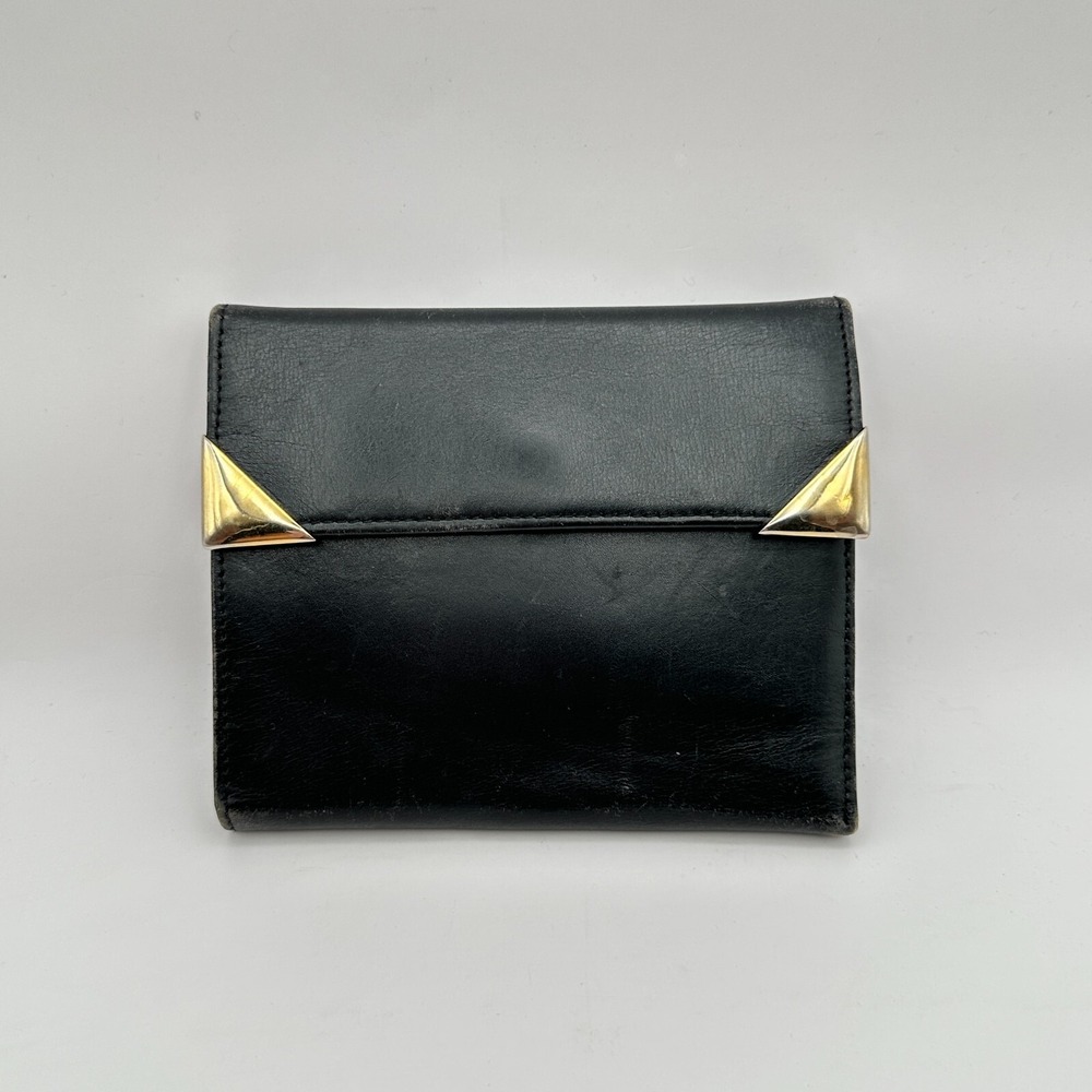 Vtg Donna Karan Leather Wallet Black Red Lining Tri-Fold Cardβ Holder Goldtone